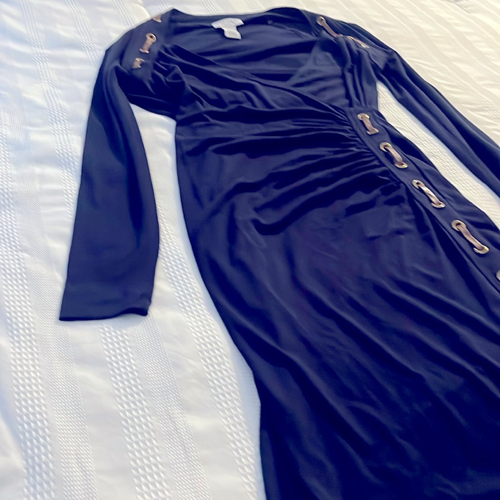 Carmen Marc Valvo Blue Long Sleeve Sheath Dress with V-Neck